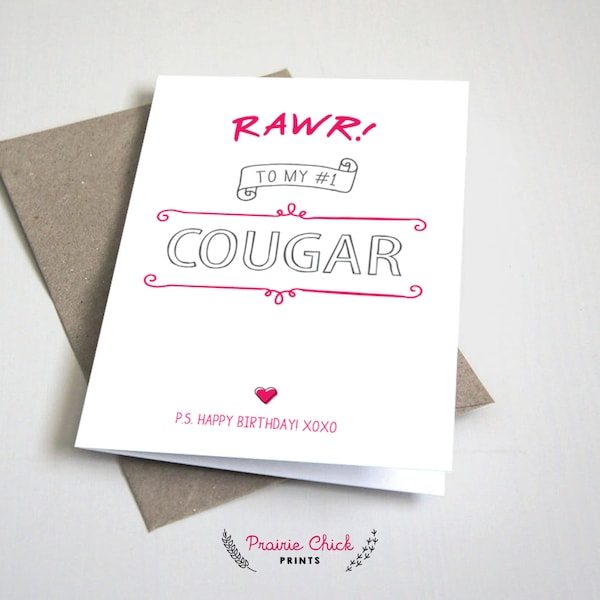 Rawr to my #1 Cougar Birthday CARD / Funny / girlfriend / Pink and Grey / 5x7 Folded Card – Printable DIY, Instant Download