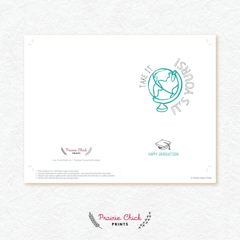 Instant Download Take it Happy Graduation CARD World Graduation Turquoise and Grey 5x7 Folded Card \u2013 Printable DIY it\u2019s yours