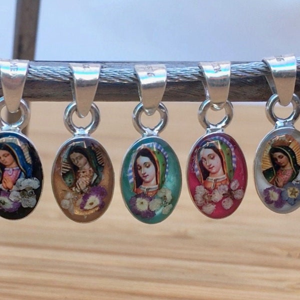 Pet Amulet || Virgin Mary || Dog Collar Charm || Pet Charm || Mexican Folk Art || Real Dried Flowers || Casting Resin || Sterling Silver