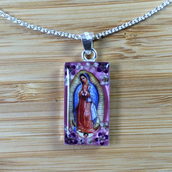 Virgin of Guadalupe Pendant || Virgin Mary || Mexican Art Jewelry || Real Miniature Dried Flowers || Casting Resin || Sterling Silver