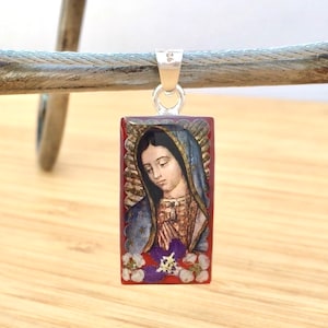 Virgin of Guadalupe Pendant || Virgin Mary || Mexican Art Jewelry || Real Miniature Dried Flowers || Casting Resin || Sterling Silver