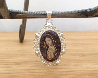 Virgin of Guadalupe Pendant || Religious Jewelry || Mexican Art Jewelry || Real Miniature Dried Flowers || Casting Resin || Sterling Silver