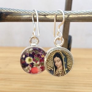 Virgin of Guadalupe Earrings || Double-Sided || Real Miniature Dried Flowers || Mexican Art Jewelry || Casting Resin || Sterling Silver