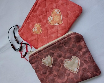Handmade quilted coin purse with appliqued heart zipper pouch for coins and essentials