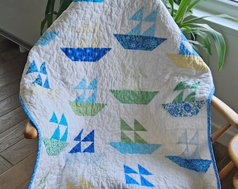 Handmade Sailboat Patchwork Cot Quilt – Unique Nursery Decor (38” x 30”)