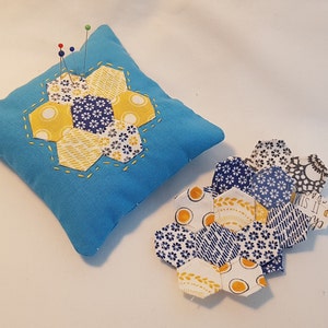 Handmade Pincushion, Hand Sewn Pin Cushion, Hexagon, Appliqued, Patchwork, Quilted