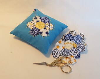 Handmade Pincushion, Hand Sewn Pin Cushion, Hexagon, Appliqued, Patchwork, Quilted