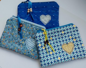 Quilted Coin Purse, Handmade, Zipper Pouch, Zipper Coin Purse, appliquéd heart