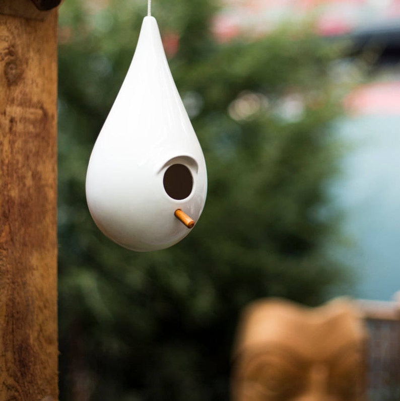 PORCELAIN BIRDHOUSE, white, ceramic, birds, bird house, rain drop, designer, home,bird feeder, modern bird house, unique gift, best seller image 5