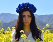 Classic Blue Flower Crown Headpiece - Wedding - Day of the Dead - Sugar Skull - Carnival - Music Festival - Halloween - Headband - Bridal