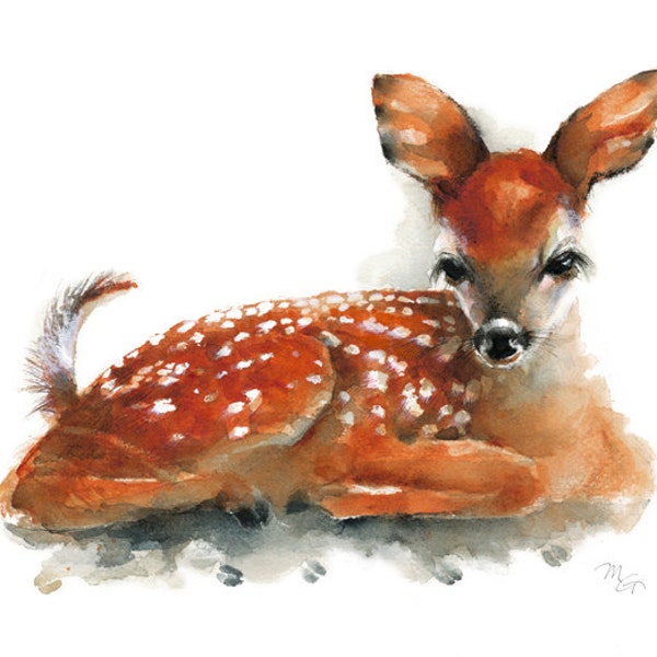 Deer Fawn - Giclee Print of watercolor painting. Art Print. Nature or Animal Illustration. Rust and Orange.