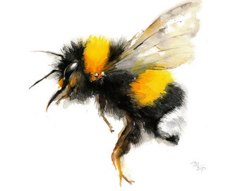 BumbleBee watercolor painting - Art Print. Nature Illustration. Honey Bee, Flying bee, Lovely Bee art
