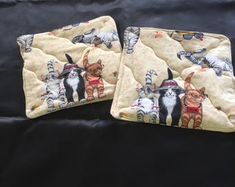 Potholders hot pad pot holder cats on the beach potholder  cats kittens quilted, set of two