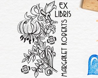 Kwiaty ART DECO. Personalizowana pieczątka Ex Libris. Drewniany stempel z motywem Art Deco. Wyjątkowy prezent na Rocznicę, Święta i Urodziny