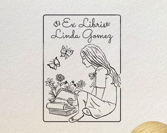 Dziewczynka czytająca książkę - Personalizowany stempel Ex Libris - Ekslibris pieczątka do książek - kwiaty i motyle - stempel do książek
