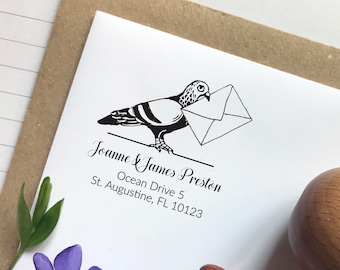 May include: A black and white illustration of a pigeon carrying an envelope. The text below reads "Joanne & James Preston, Ocean Drive 5, St. Augustine, FL 32084".
