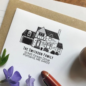 RETURN Adresstempel Huistekening - Portret van het huis Adresstempel - met een afbeelding van het huis - Houten stempel van het adres van je eigendom