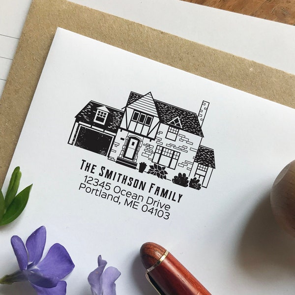 RETURN Address Stamp House Drawing - Portrait of the House Address Stamp - with a Picture of the House - Your Property Address Wooden Stamp