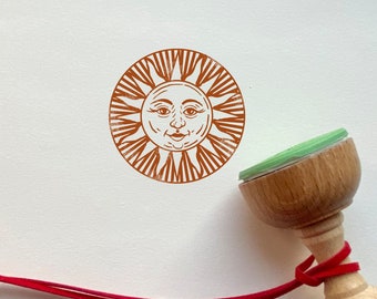 Ancient SUN Wooden Stamp + Ink Pad. Hand-drawn illustration on Wooden Stamp. Medieval motive Rubber Stamp Set. Wrapping Paper DIY idea