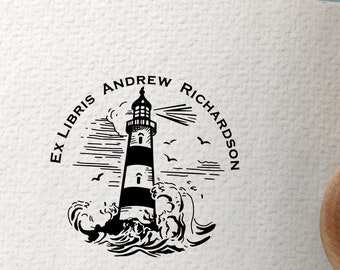 Personalized Lighthouse Ex Libris Stamp: Marine Bookplate, Sailor Gift