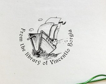 SHIP BOOK Personalized Ex Libris Wooden Stamp. Hand drawing Ex Libris Bookplate - Elegant Birthday Present - Perfect Gift for Booklover