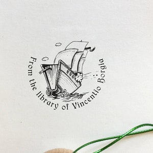 SHIP BOOK Personalized Ex Libris Wooden Stamp. Hand drawing Ex Libris Bookplate - Elegant Birthday Present - Perfect Gift for Booklover