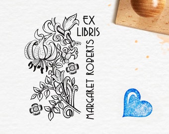Art Deco Design Personalisation inluded Gift for Teacher Exlibris Personalized Stamp DRAGONFLY Personalised Ex Libris Wooden Stamp