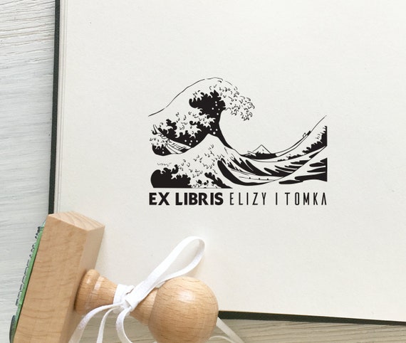 The GREAT WAVE Personalized Ex Libris Wooden Stamp. Woodcut