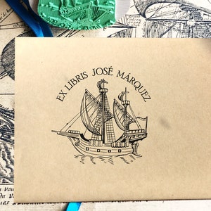 GALEON Personalized Ex libris Wooden Stamp. Tall ship Exlibris Bookplate. Elegant Birthday Present for Sailor. Vintage Library Book Stamp