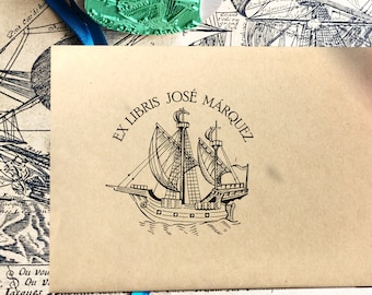 GALEON Personalized Ex libris Wooden Stamp. Tall ship Exlibris Bookplate. Elegant Birthday Present for Sailor. Vintage Library Book Stamp