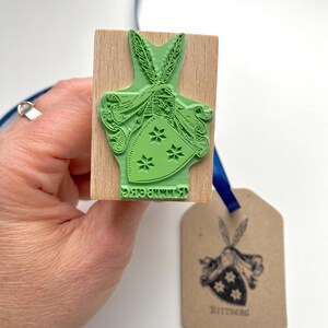 Custom-made Family Crest Stamp mounted on the high-quality wooden handle. Laser engraved rubber of the Coat of Arms Stamp