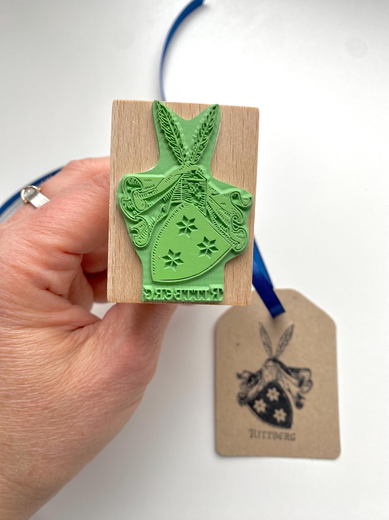 Custom-made Family Crest Stamp mounted on the high-quality wooden handle. Laser engraved rubber of the Coat of Arms Stamp