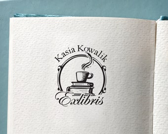 A TEA Cup on a Stack of BOOKS Personalized Ex Libris Wooden Stamp. Classic traditional Design. Perfect Gift for Book Lover. Bookplate Stamp