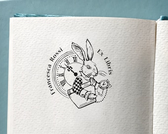 WHITE RABBIT & CLOCK Personalised Wooden Stamp. Ex Libris Bookplate. Elegant Birthday Present Perfect Gift for Booklover Alice in Wonderland