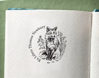 FOX Personalized Ex Libris Wooden Stamp. Sitting Fox in the thicket motive Ex Libris Bookplate. Personalizable gift idea for Booklover