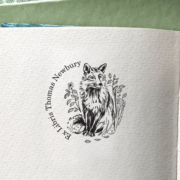 FOX Personalized Ex Libris Wooden Stamp. Sitting Fox in the thicket motive Ex Libris Bookplate. Personalizable gift idea for Booklover