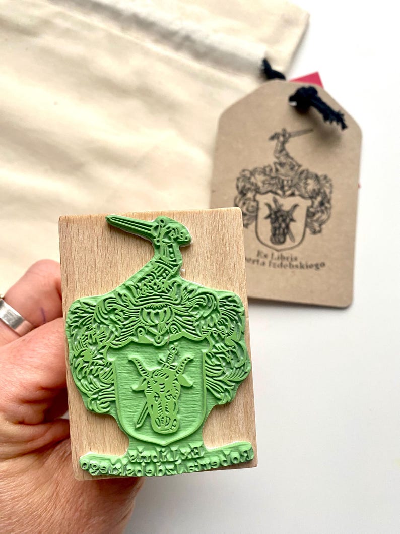 Custom-made Family Crest Stamp mounted on the high-quality wooden handle. Laser engraved rubber of the Coat of Arms Stamp