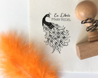 PEACOCK Ex Libris Wooden Stamp - Art Deco Design - Personalised Perfect Gift. Stylish Present for Her. Art Noveau Bookplate with Bird Motive