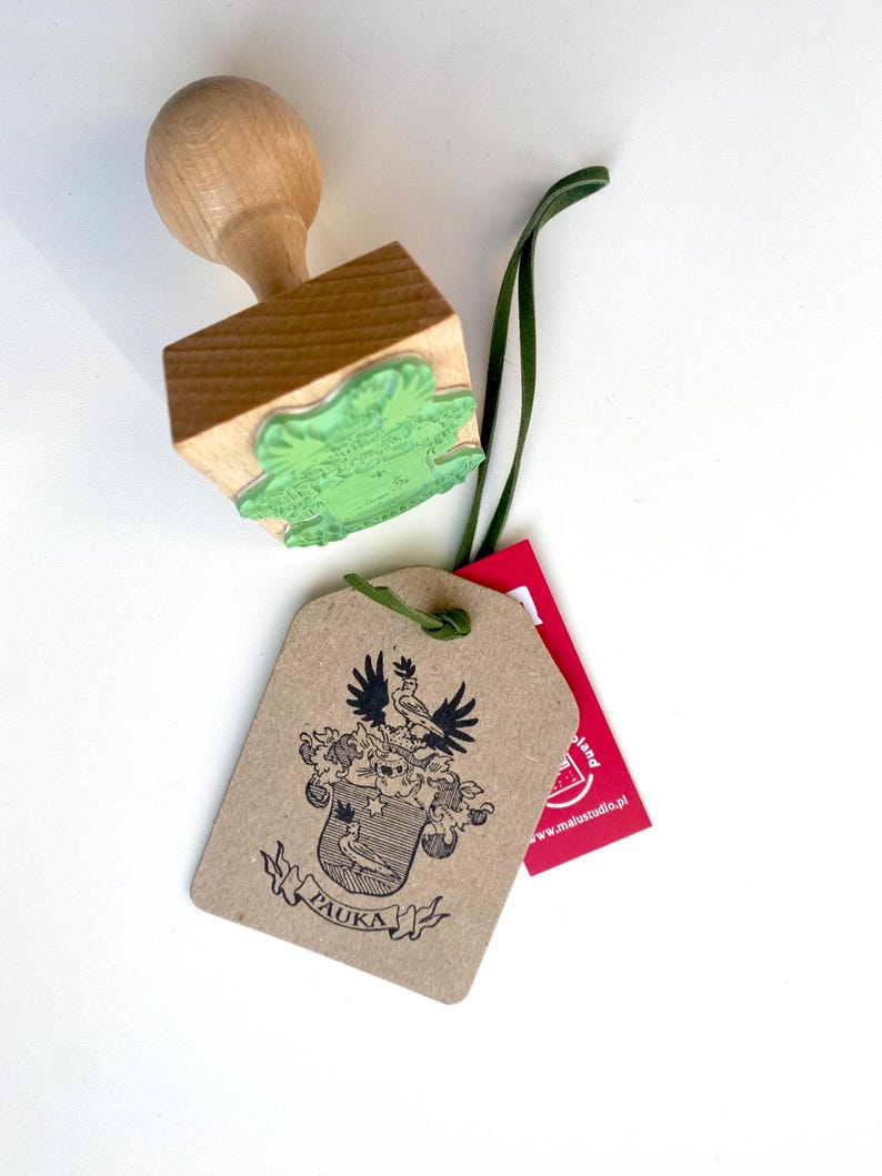 Custom-made Family Crest Stamp mounted on the high-quality wooden handle. Laser engraved rubber of the Coat of Arms Stamp
