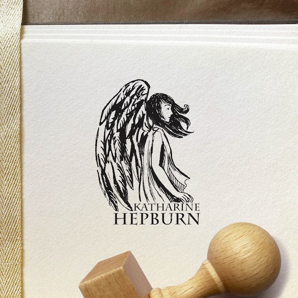 Personalized Ex libris Stamp with the Angel Motive. Bookplate Wooden Stamp with an Angel. Angel Wings on the Book Stamp. Gift for book lover