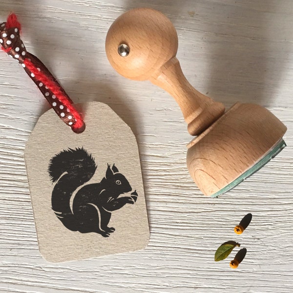 Rubber stamp SQUIRREL on a traditional wooden handle. Wild animal eco-gift idea. Stamp and inkpad set. Cute and Funny Squirrel Stamper