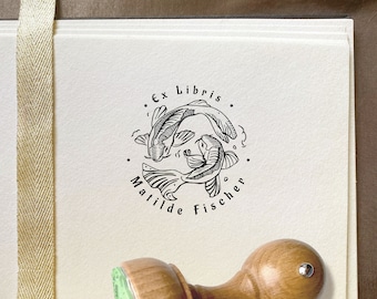 Two JAPANESE KOI FISH Ex libris Stamp. Personalized Exlibris wooden stamp. Perfect gift idea. Japanese Bookplate Stamp. Japanese graphic