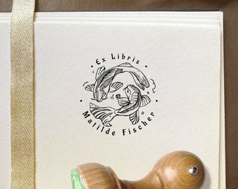 Two JAPANESE KOI FISH Ex libris Stamp. Personalized Exlibris wooden stamp. Perfect gift idea. Japanese Bookplate Stamp. Japanese graphic