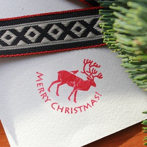 MERRY CHRISTMAS rubber stamp with a reindeer and a bird CHRISTMAS unique design image 1