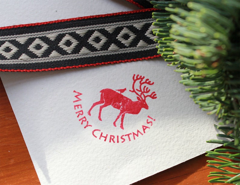 MERRY CHRISTMAS rubber stamp with a reindeer and a bird CHRISTMAS unique design image 1