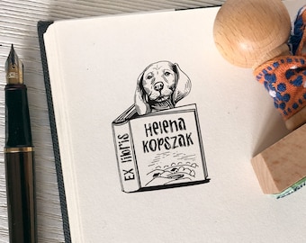 Carimbo de madeira Ex Libris personalizado: presente artístico com carimbo para livro. Design exclusivo sob medida.