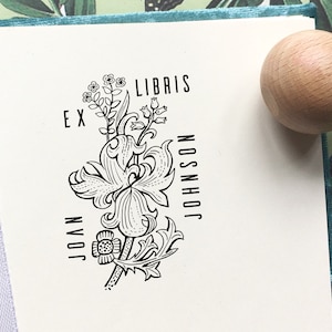 Carimbo Ex Libris Art Déco personalizado: Carimbo de madeira com placa de livro floral