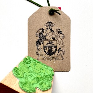 Custom-made Family Crest Stamp mounted on the high-quality wooden handle. Laser engraved rubber of the Coat of Arms Stamp