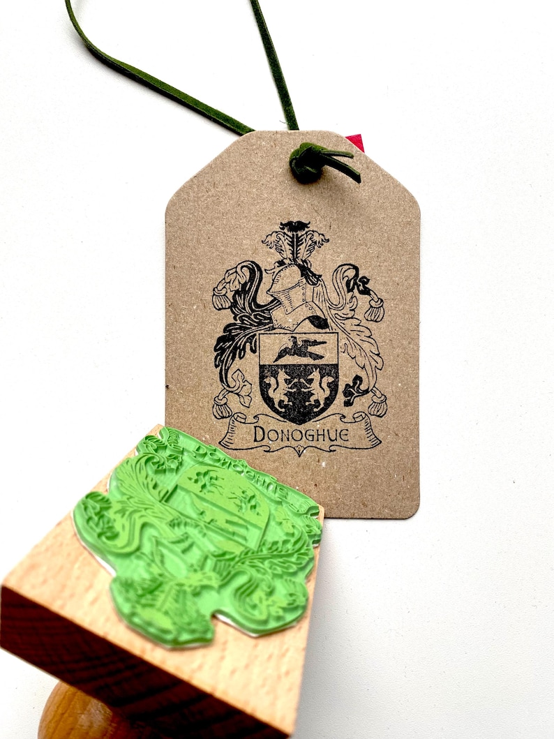 Custom-made Family Crest Stamp mounted on the high-quality wooden handle. Laser engraved rubber of the Coat of Arms Stamp