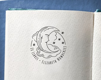 MOON with Stars Personalised Ex Libris Wooden Stamp, Boho Book Stamp, Celestial Moon Ex Libris Bookplate, Astronomy gift idea for Booklover